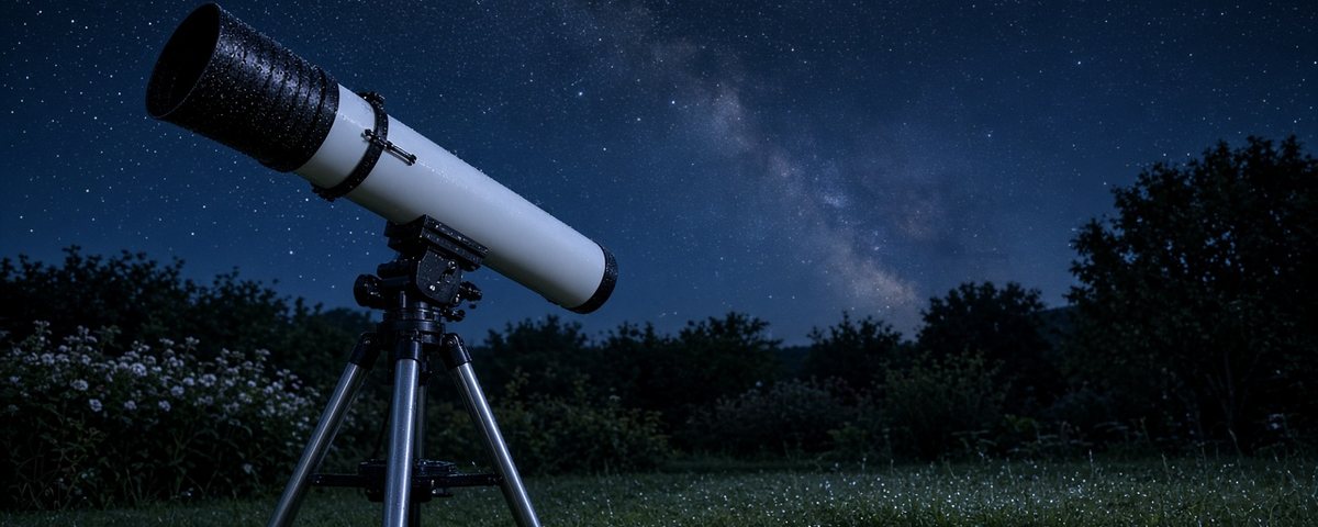 Lunette astronomique blanche équipée d’un pare-buée noir, sur trépied dans un jardin couvert de rosée sous la Voie lactée