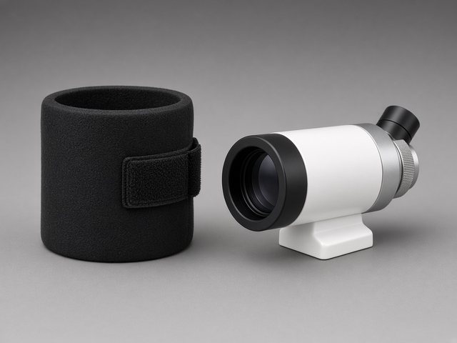 Pare-buée noir en mousse souple avec fermeture velcro, posé à côté d’une petite lunette blanche sur fond gris