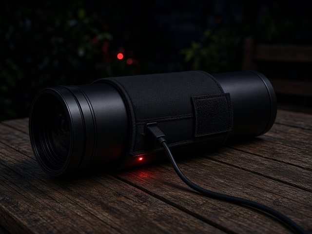 Bande chauffante noire en néoprène reliée à un câble USB, enroulée autour d’un tube de télescope posé sur une table en bois la nuit