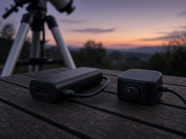 Batterie externe noire reliée par câble à un petit régulateur de chauffe, sur une table de camping au crépuscule près d’un trépied de télescope