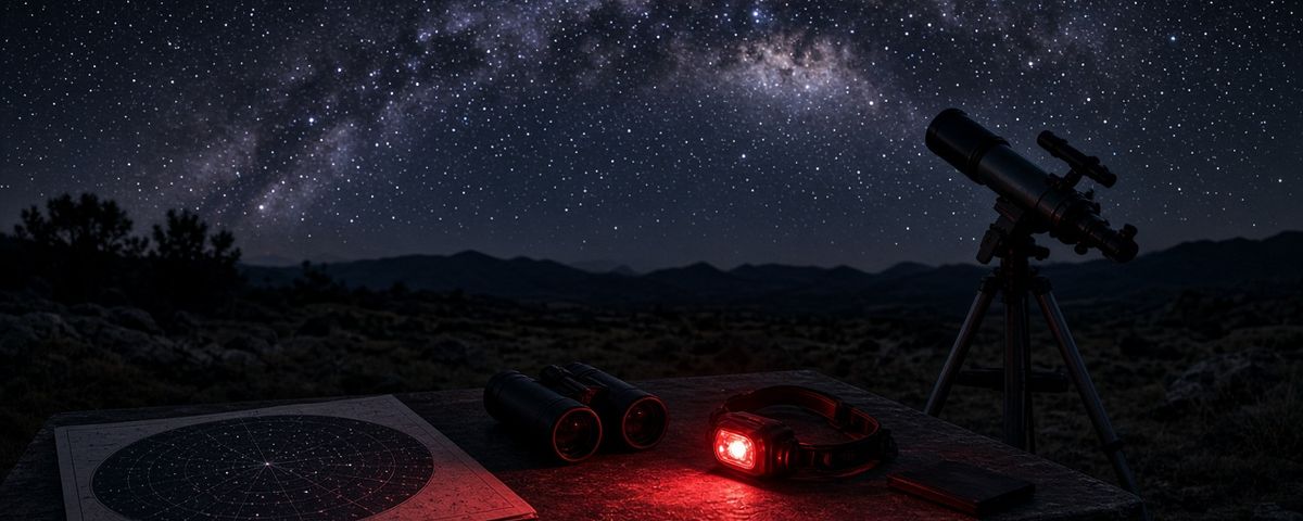 Table d’observation de nuit avec lampe frontale rouge allumée, jumelles et carte du ciel, télescope sur trépied sous la Voie lactée