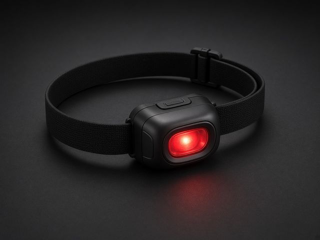 Lampe frontale rechargeable noire avec sa LED rouge allumée, photo produit studio sur fond sombre
