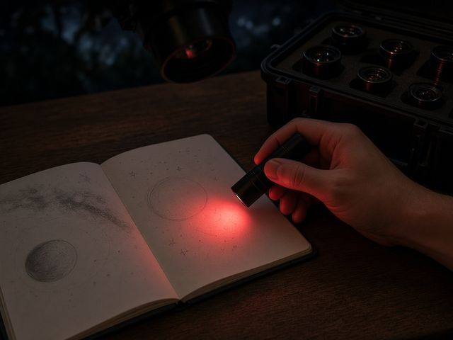 Petite lampe torche à lumière rouge éclairant un carnet d’observation astronomique à côté d’une mallette d’oculaires