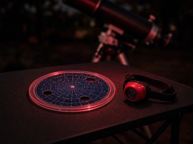 Planisphère céleste rond éclairé en rouge sur une table de camping, à côté d’une lampe frontale rouge