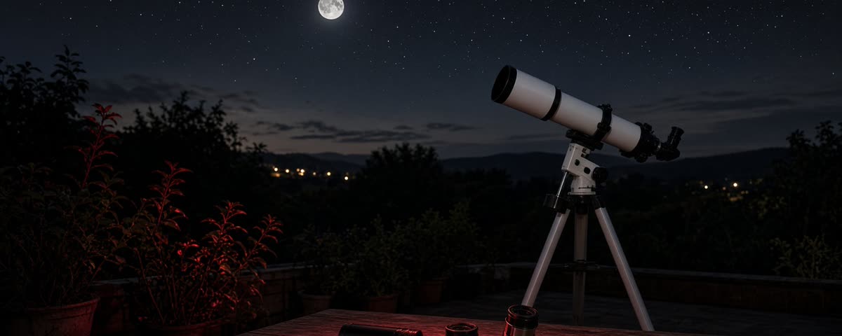 Petit télescope sur trépied sous un ciel étoilé avec une lentille de Barlow et des oculaires posés sur une table