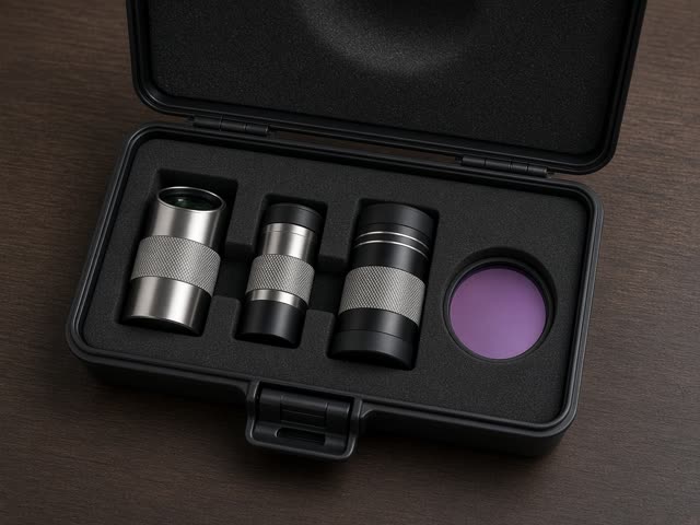 Kit d’accessoires télescope en mallette avec lentille de Barlow, trois oculaires et un filtre