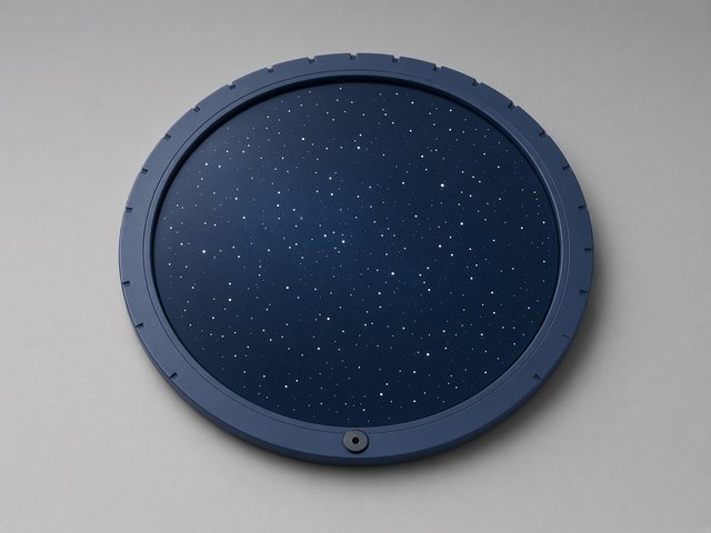 Planisphère céleste tournant bleu nuit parsemé d’étoiles blanches, photographié sur fond gris clair