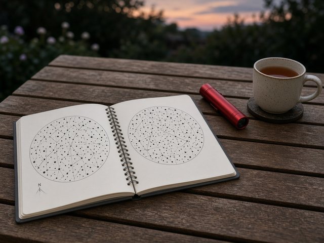Atlas du ciel à spirale ouvert sur des cartes de constellations, posé sur une table de jardin au crépuscule près d’une lampe rouge