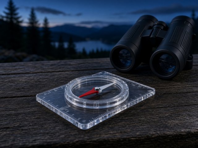 Boussole transparente à aiguille rouge sur une table en bois, à côté d’une paire de jumelles, au crépuscule