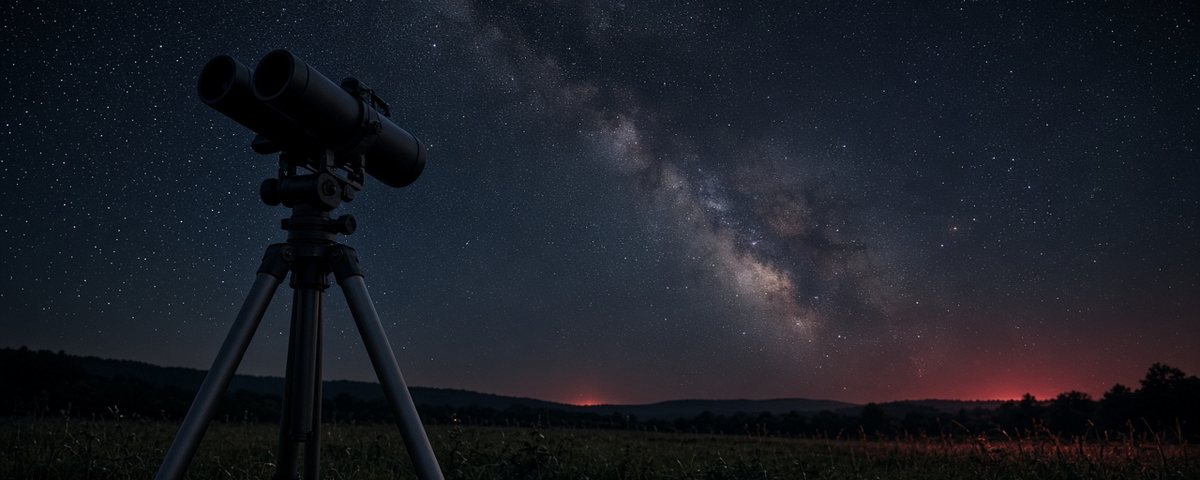 Grandes jumelles astronomiques fixées sur un trépied dans une prairie de nuit, pointées vers la Voie lactée