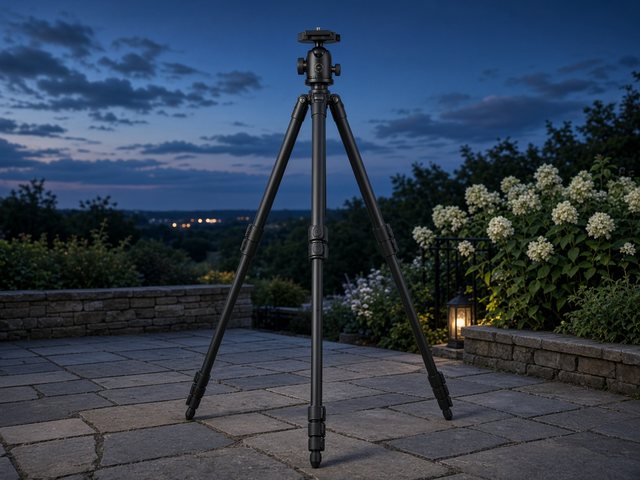 Grand trépied photo noir en aluminium avec rotule, déployé sur une terrasse de jardin au crépuscule